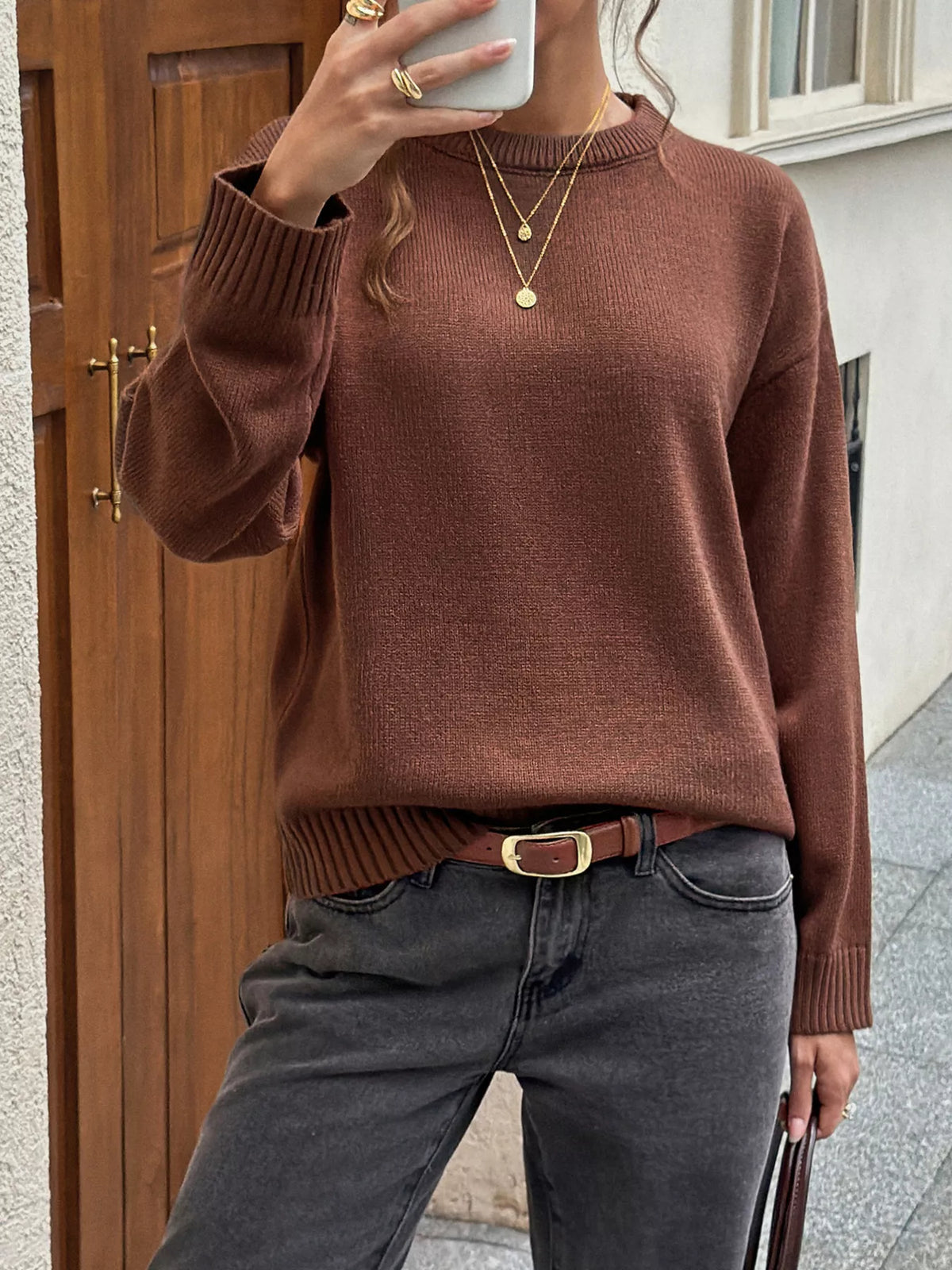 Crew Neck Ribbed Hem Sweater