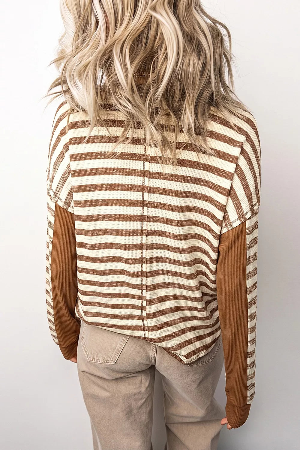 Stripe Textured Knit Color Block Trim Long Sleeve Round Neck Top