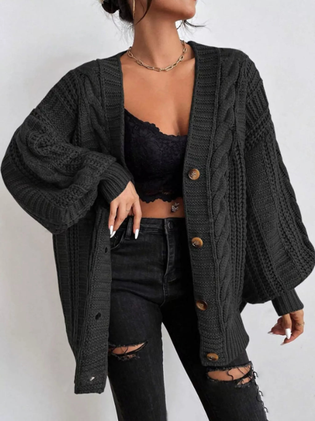 Cable Knit Button-Down Cardigan
