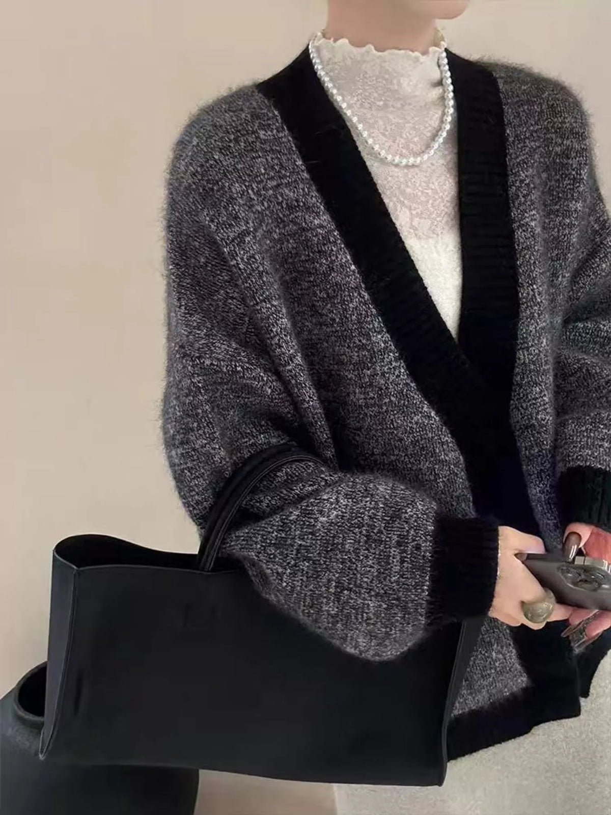V-Neck Cardigan with Contrast Trim