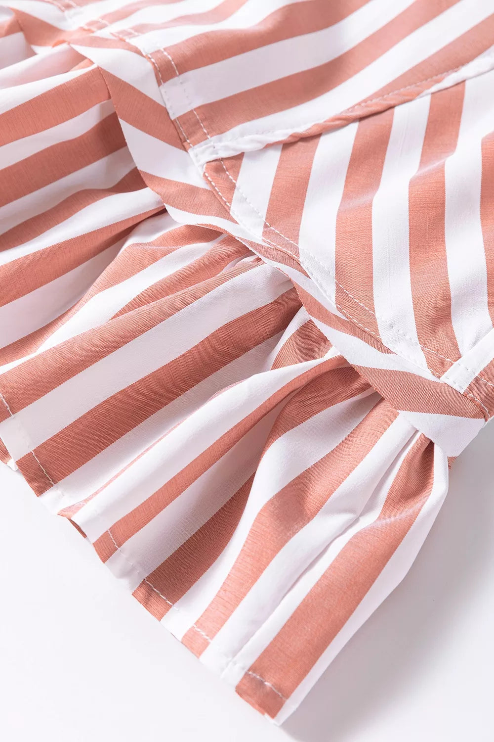 Stripe Collar Button Front Bracelet Sleeve Ruffle Hem Shirt