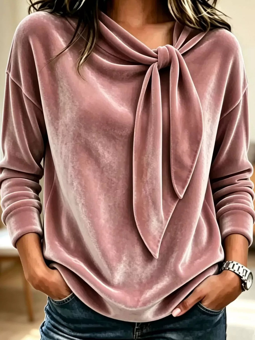 Velvet Tie Front Long Sleeve Sweatshirt