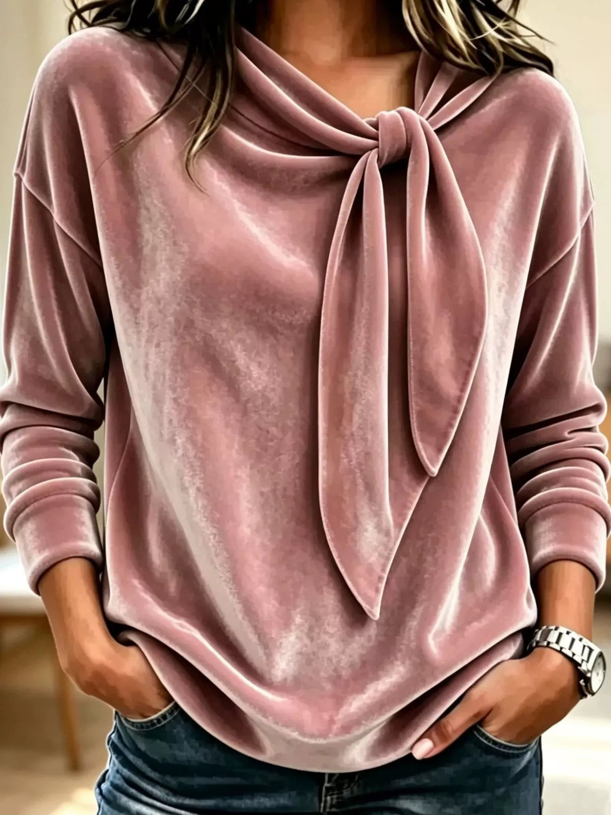 Velvet Tie Front Long Sleeve Sweatshirt
