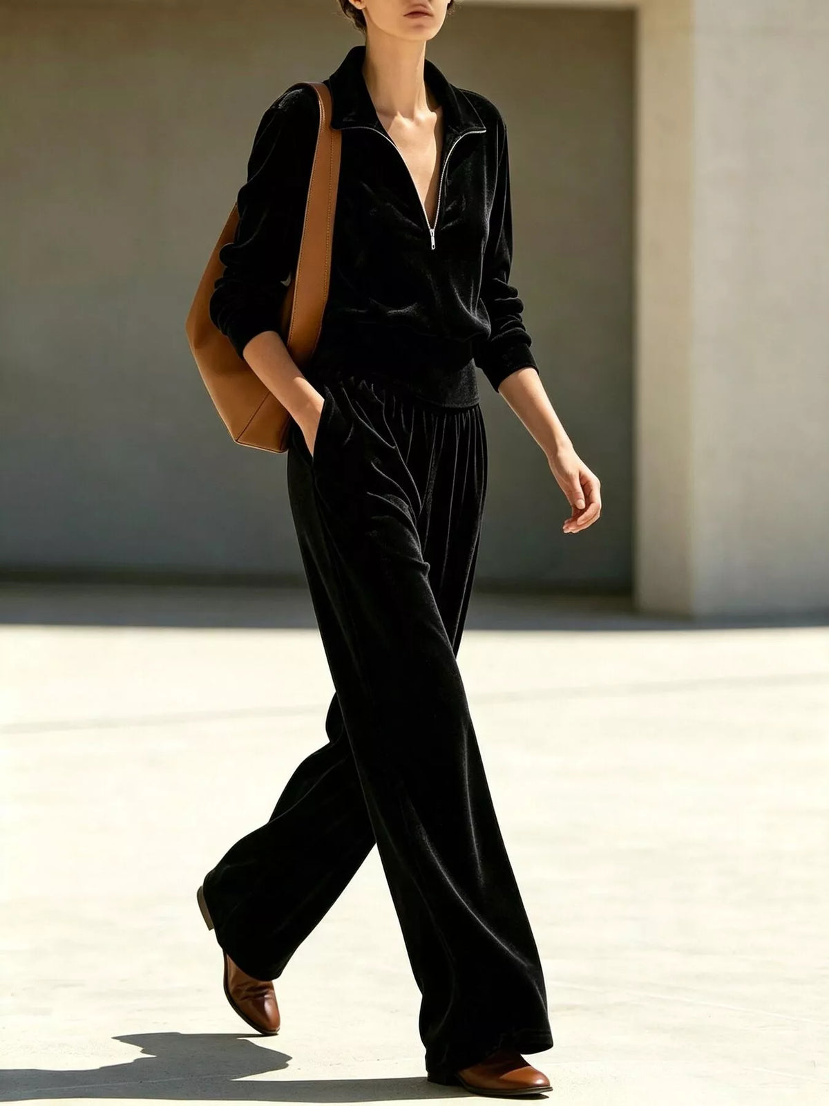 Full Size Half Zip Sweatshirt and Wide-Leg Pants Set Plus Size