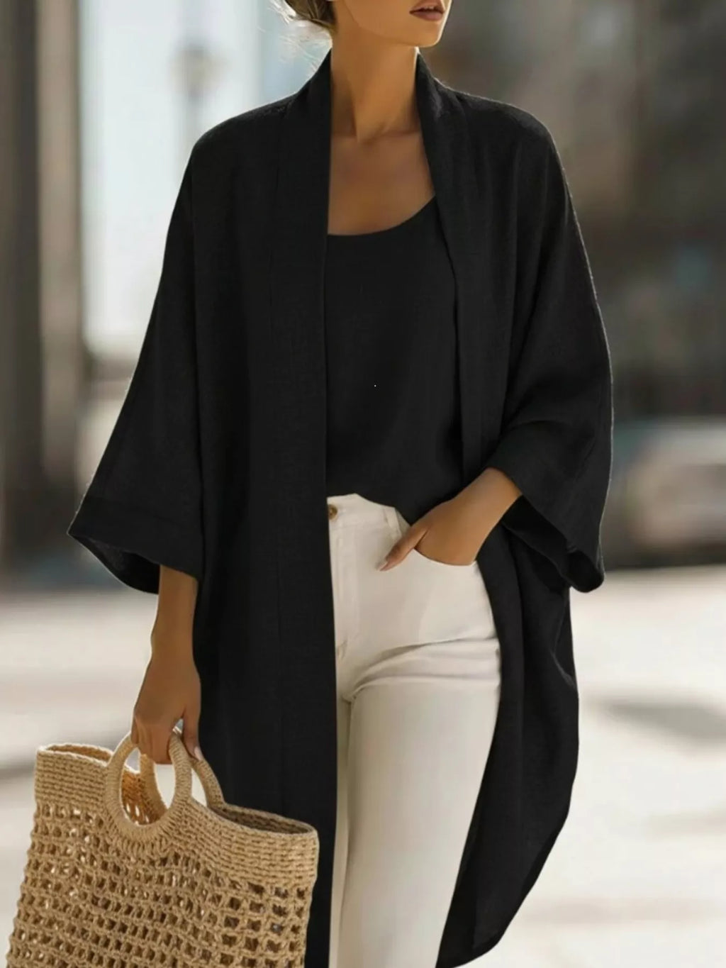 Full Size Open-Front Cardigan and Matching Tank Top Set Plus Size