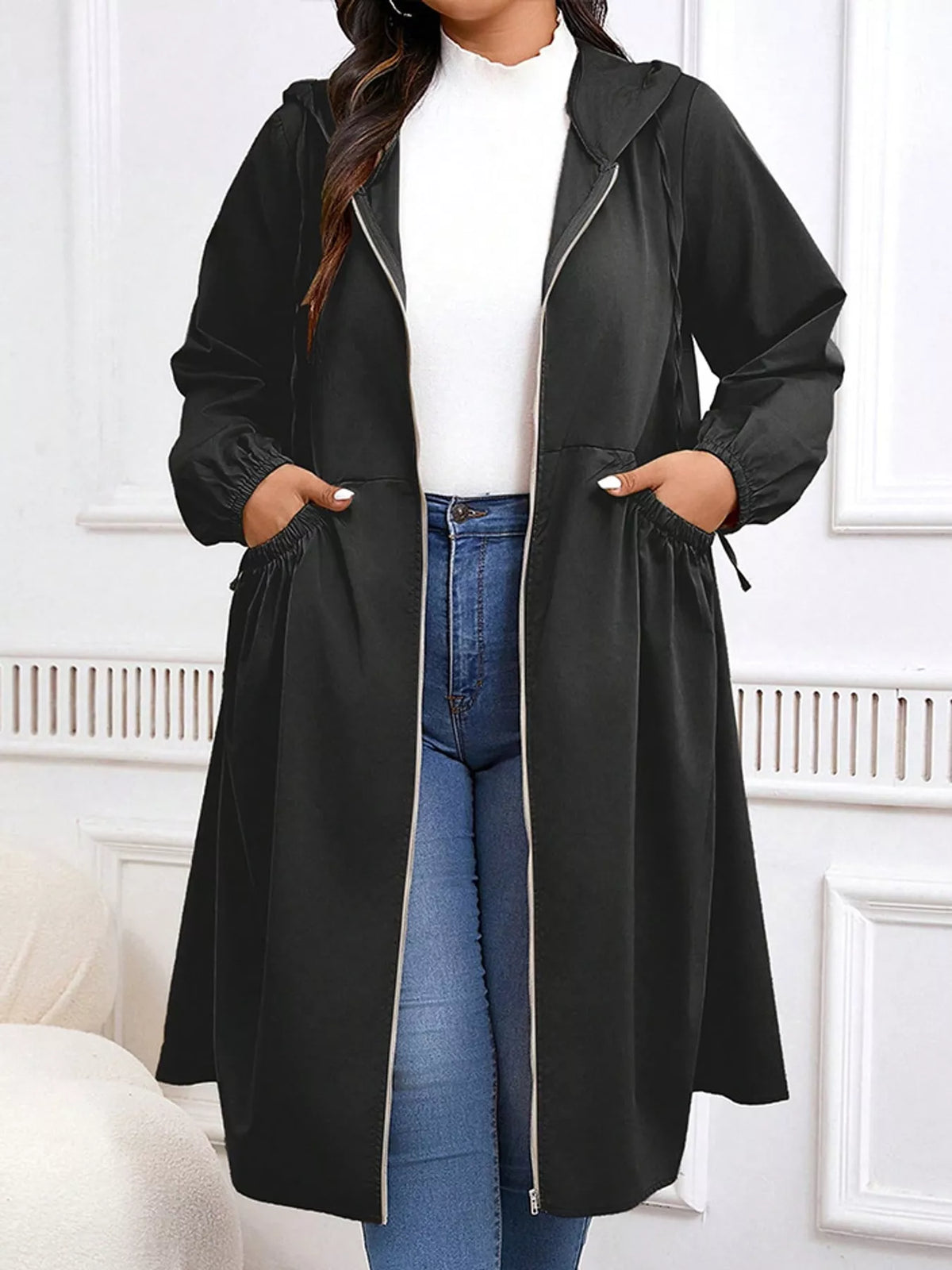 Plus Size Hooded Zip-Up Longline Windbreaker Outerwear