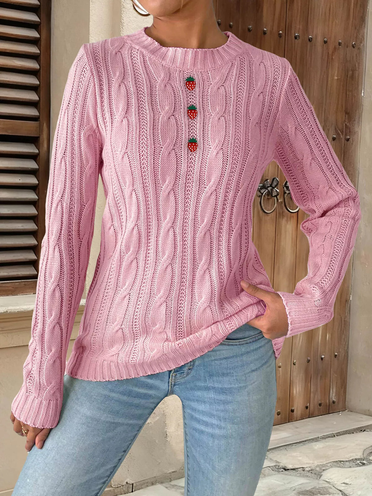 Strawberry Embellished Cable Knit Round Neck Sweater