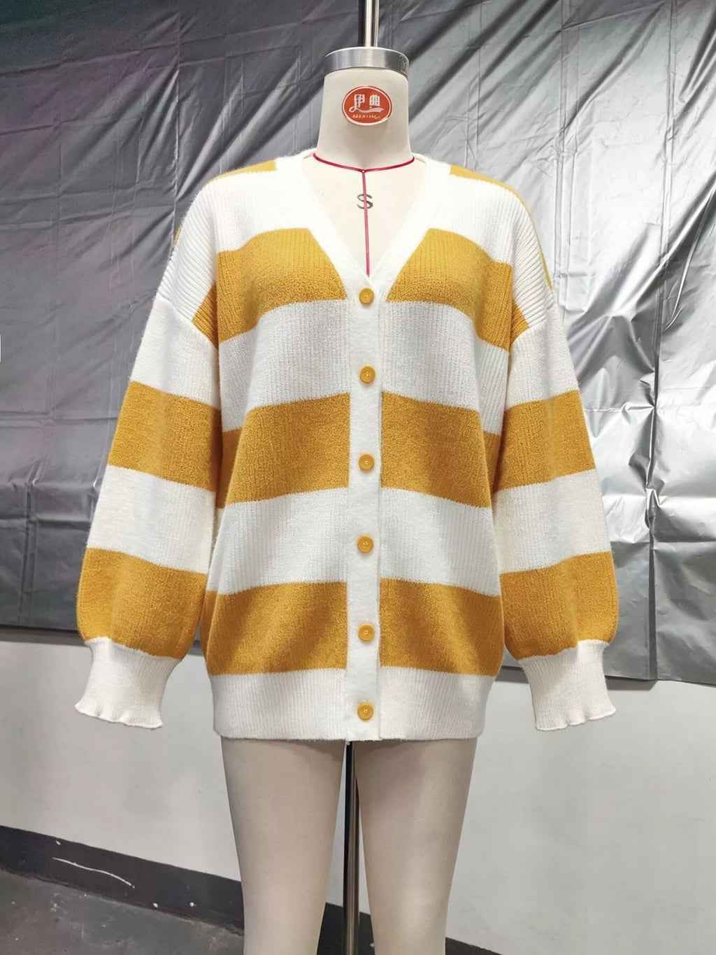Striped V-Neck Button-Down Cardigan