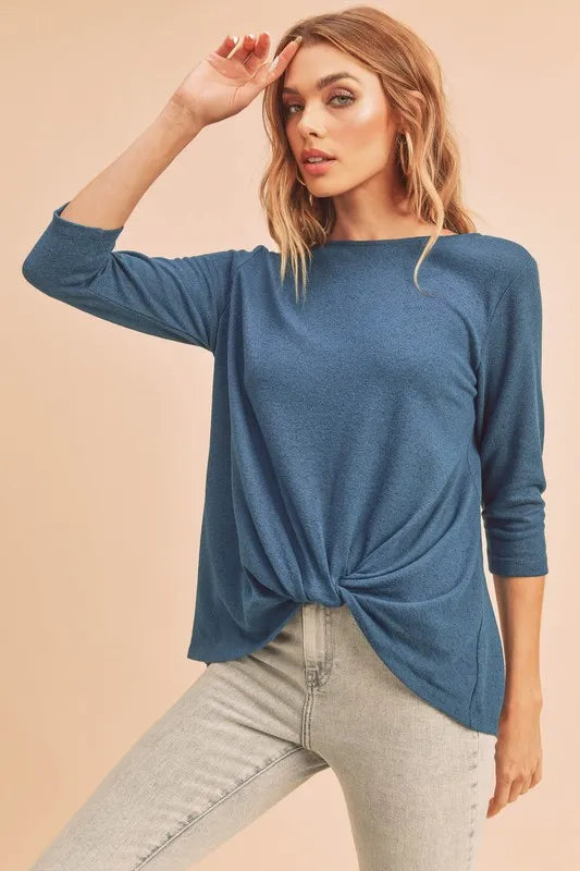 Aemi + Co Twist Front Round Neck 3/4 Sleeve T-Shirt