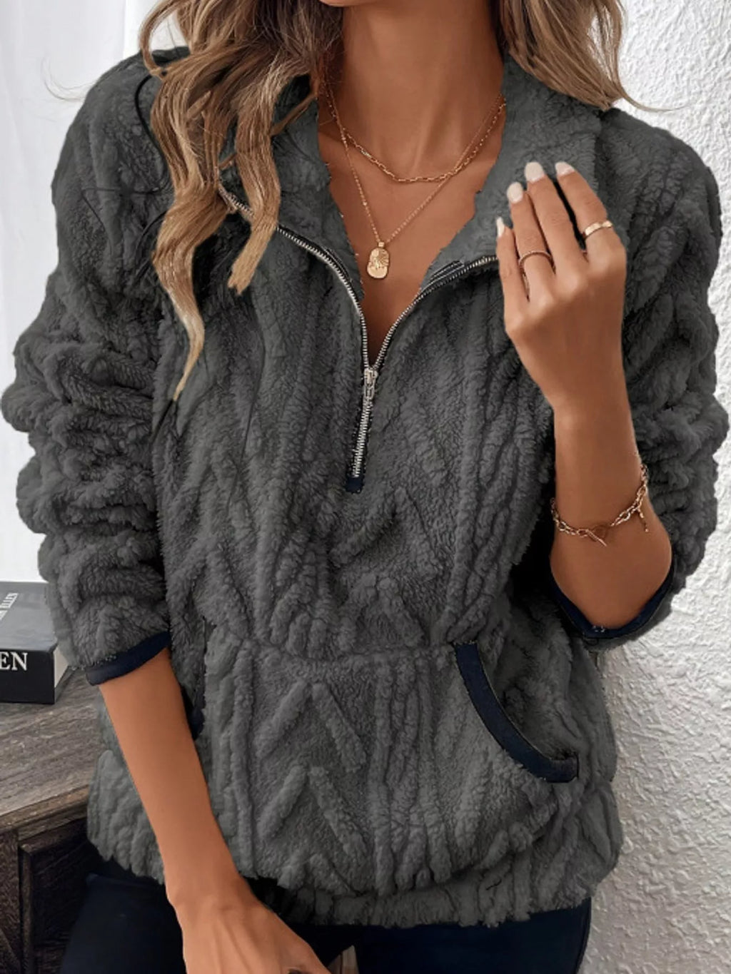 Full Size Quarter-Zip Sherpa Sweatshirt Plus Size