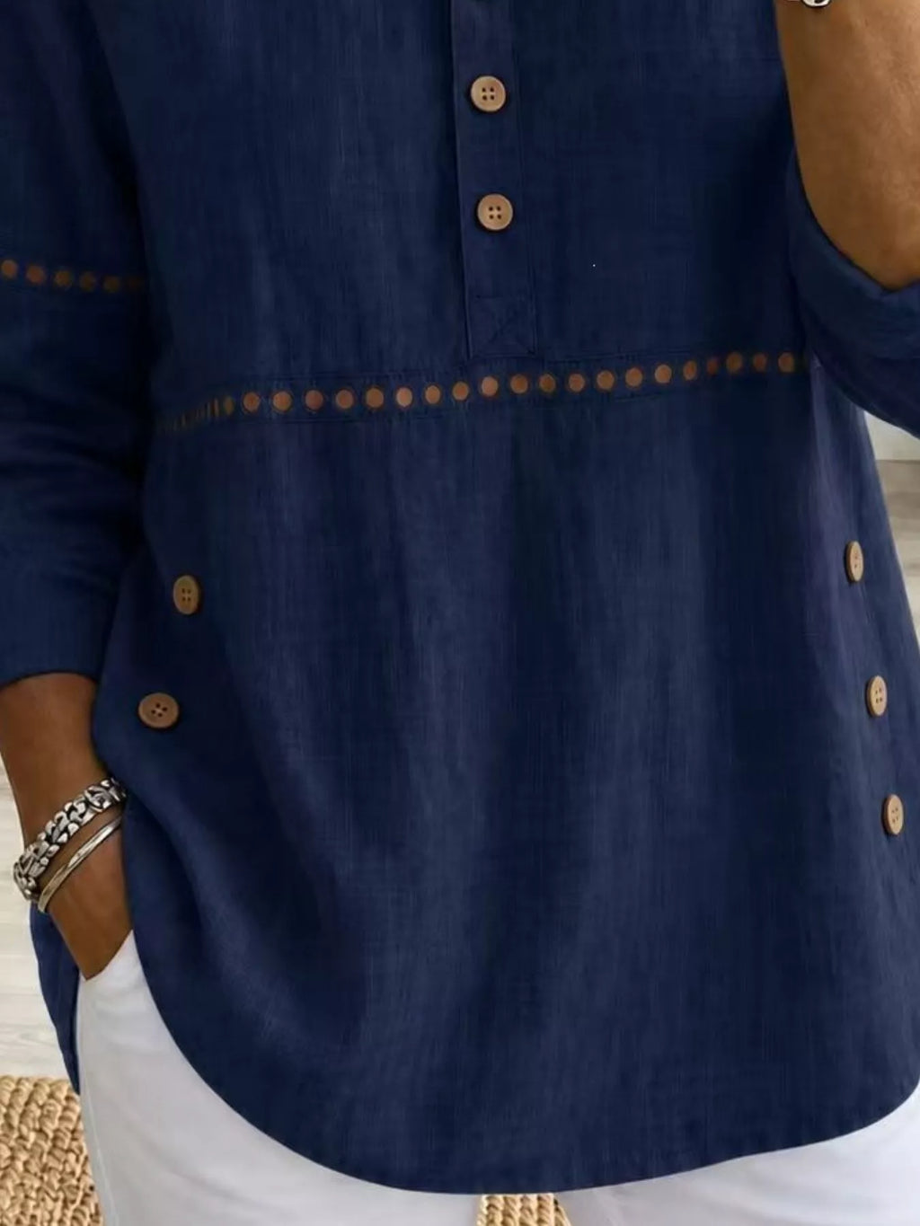 Full Size Button Detail Eyelet Long Sleeve Blouse Plus Size