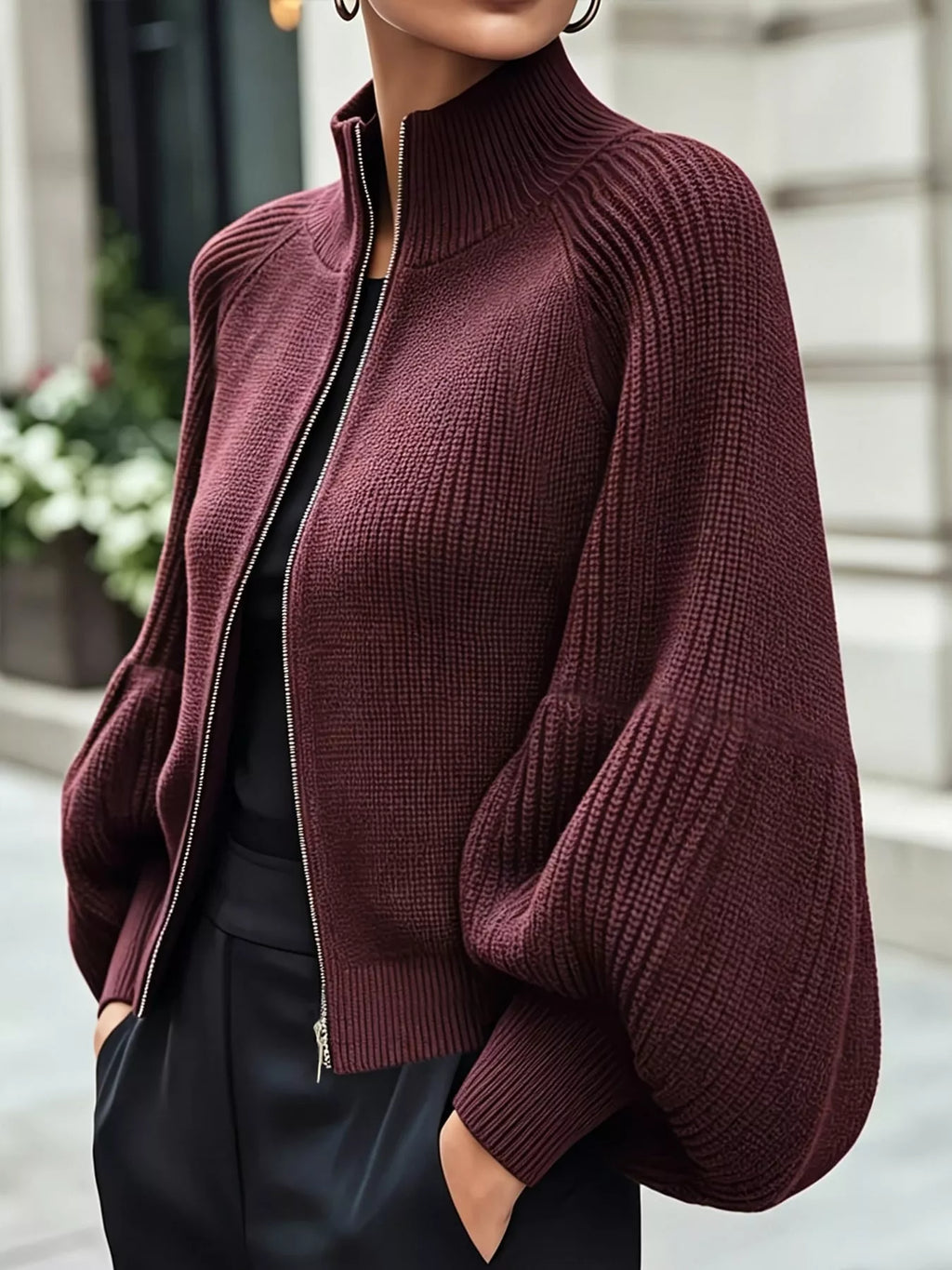 Ribbed Knit Zip-Up Cardigan with Lantern Sleeves