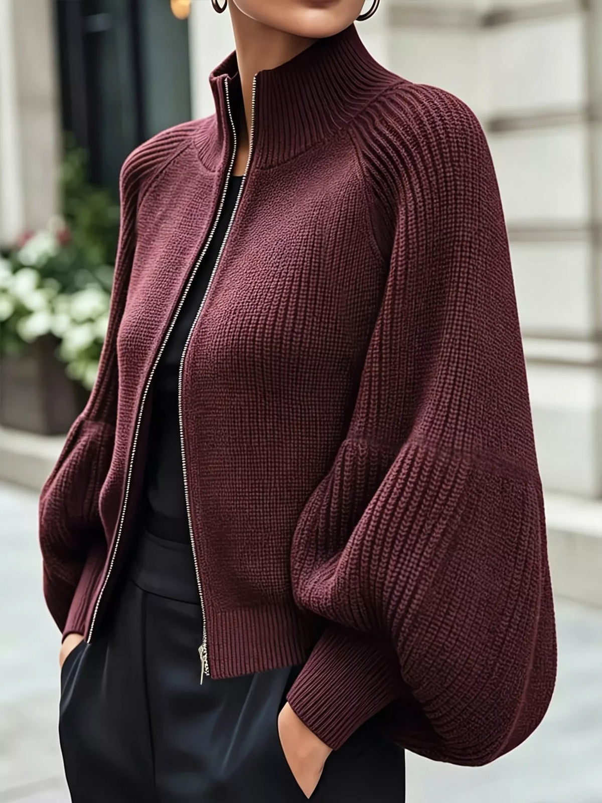 Ribbed Knit Zip-Up Cardigan with Lantern Sleeves