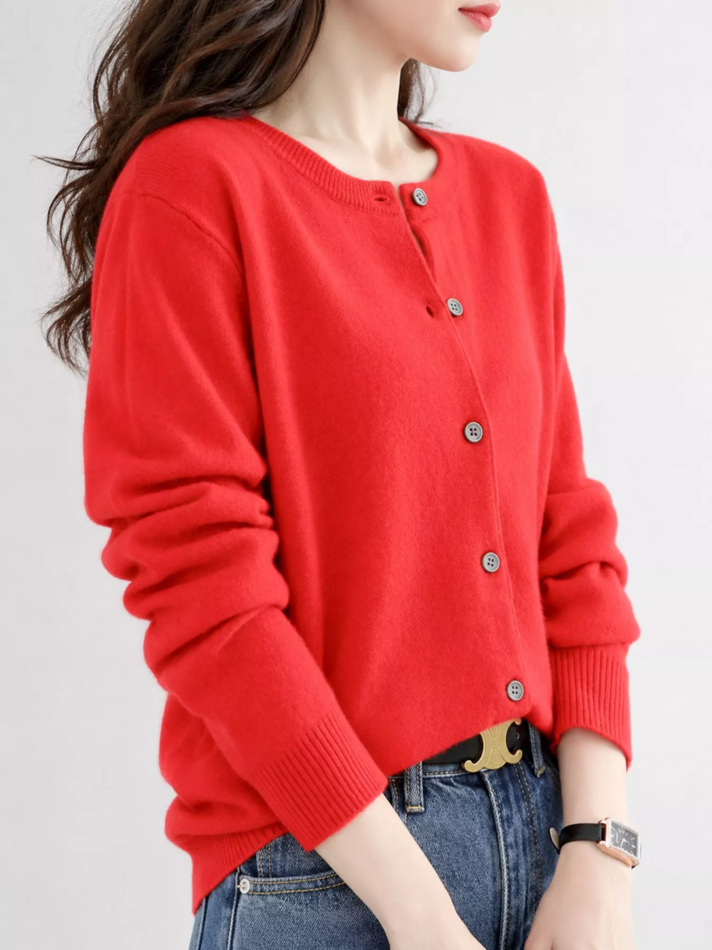 Crew-Neck Button-Down Cardigan