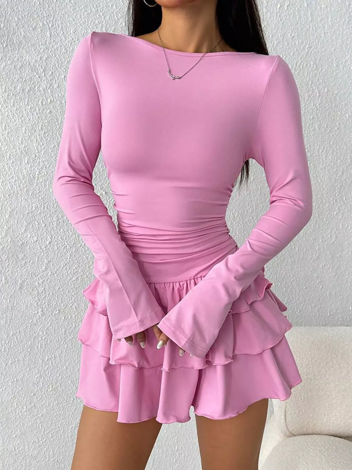 Layered Ruffle Long Sleeve Mini Dress