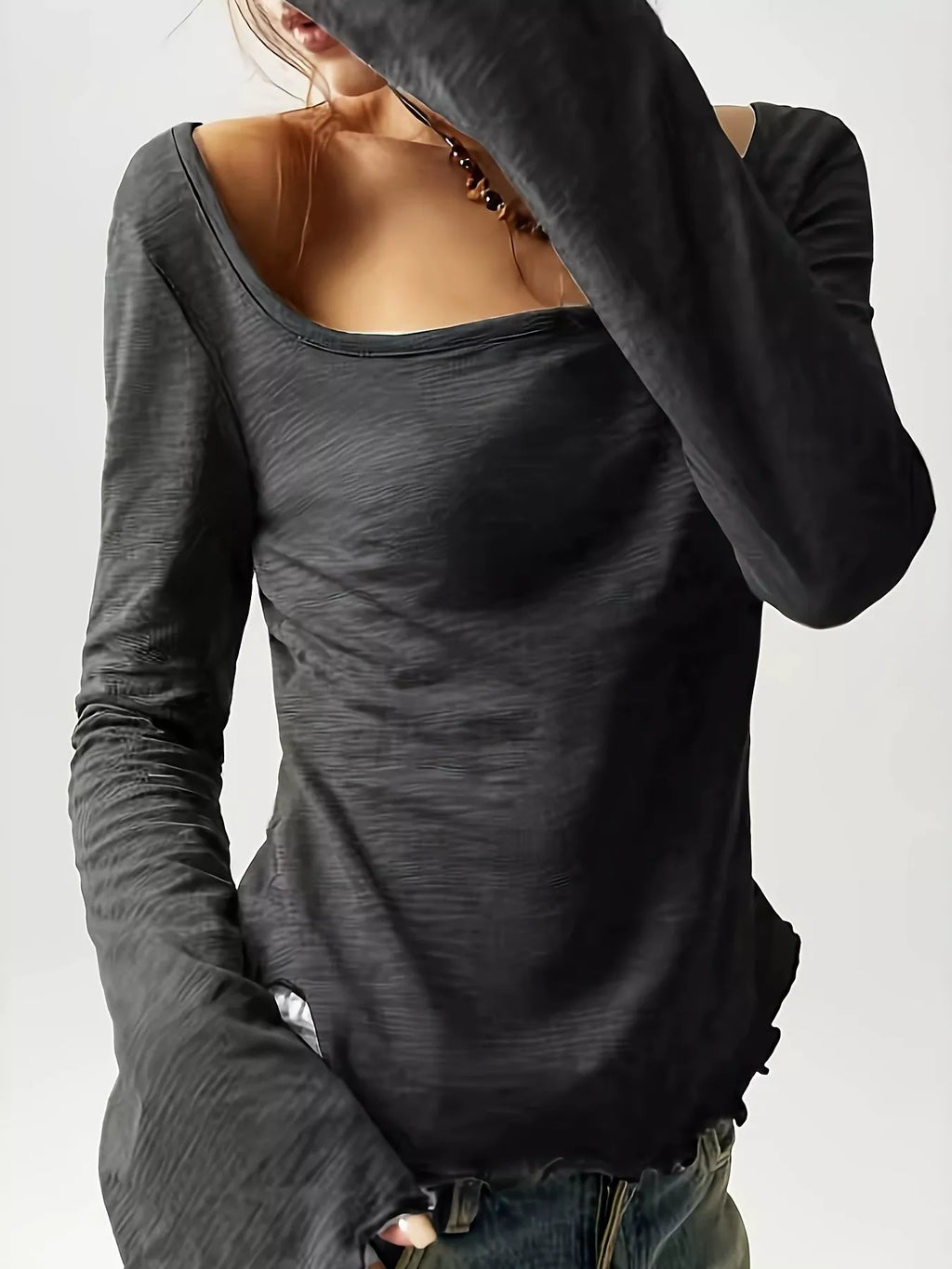 Long Sleeve Square Neck Slim-Fit T-Shirt