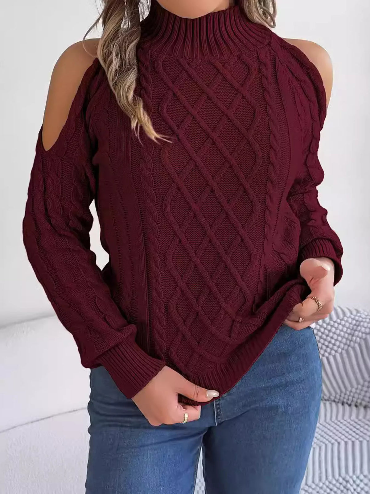 Cold-Shoulder Cable Knit Sweater