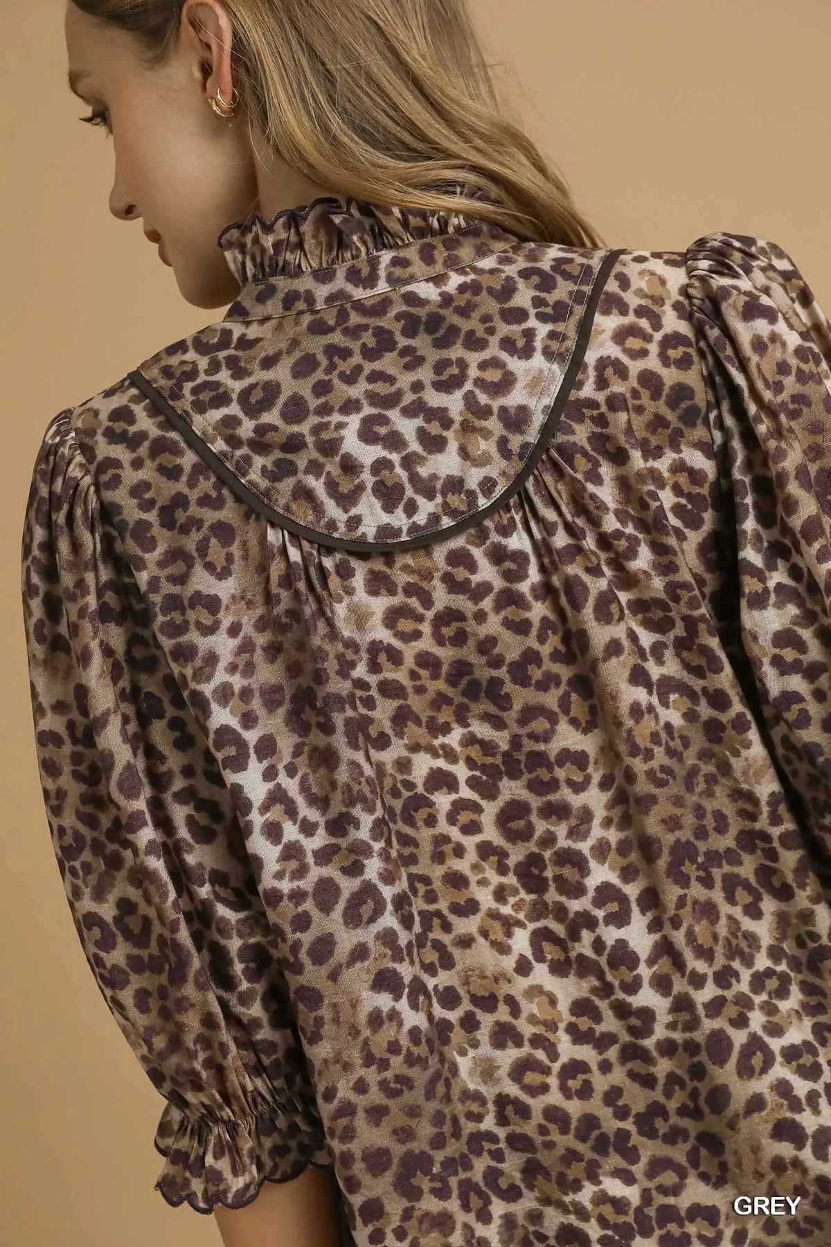 Umgee Leopard Print Ruffle Neck Blouse