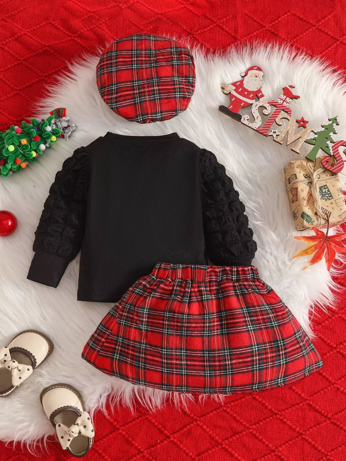 Children's Puff Sleeve Top and Plaid Skirt Set with Hat