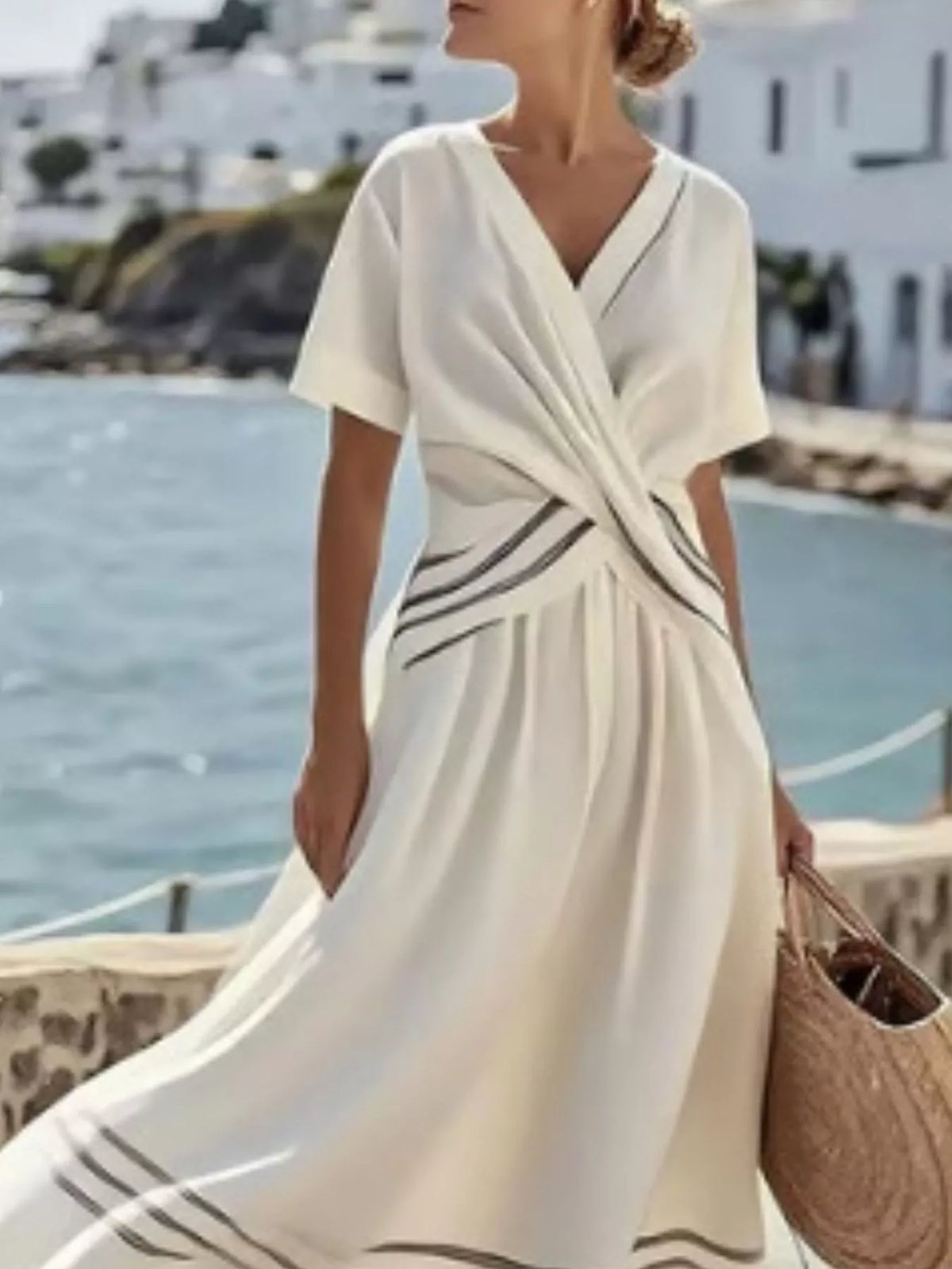 Full Size Striped Surplice Half Sleeve Midi Dress Plus Size