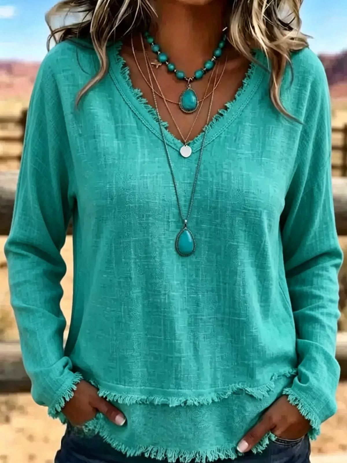Full Size Frayed Hem V-Neck Long Sleeve Blouse Plus Size