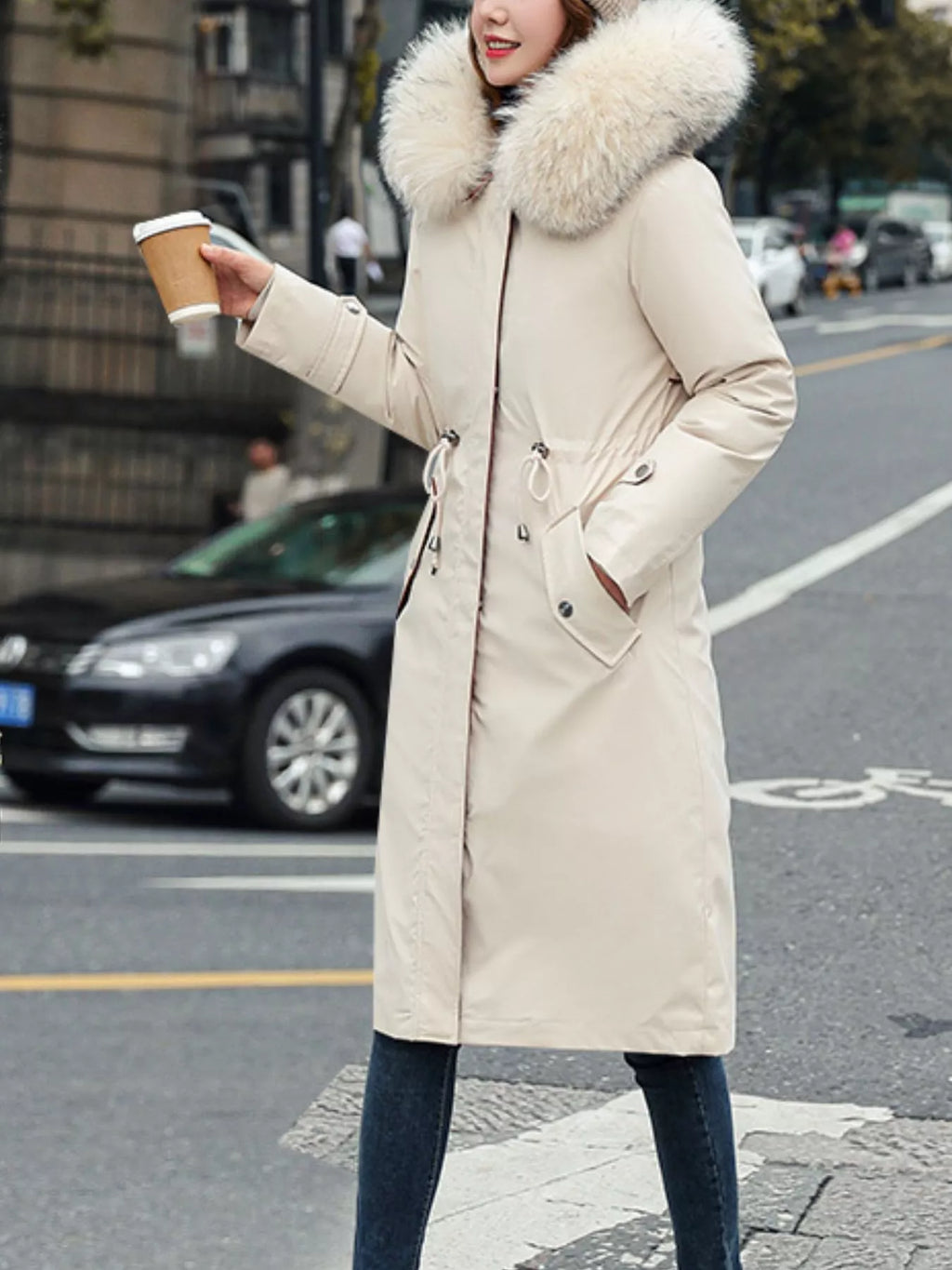 Detachable Longline Hooded Parka with Faux Fur Trim and Drawstring Waist
