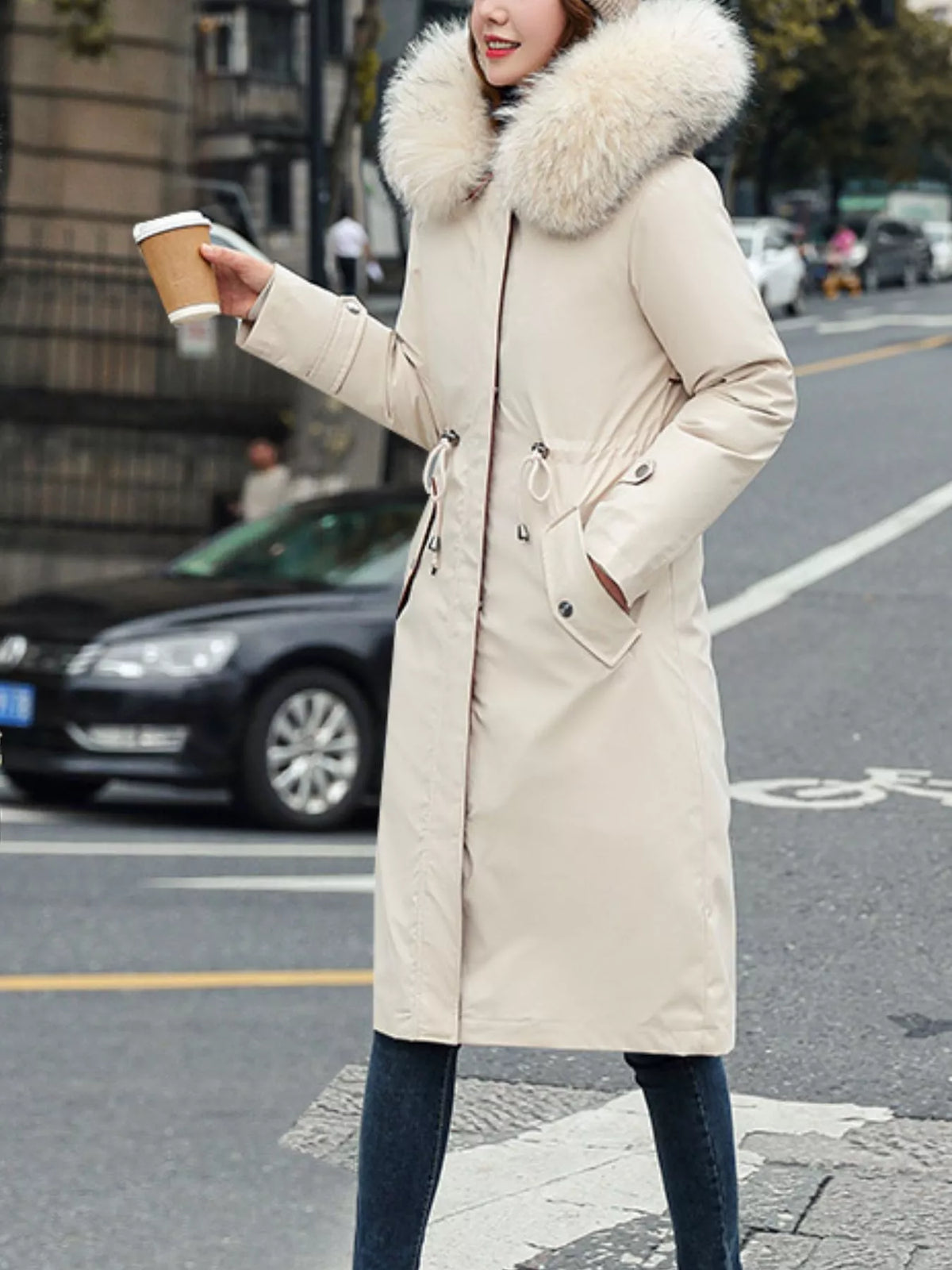 Detachable Longline Hooded Parka with Faux Fur Trim and Drawstring Waist