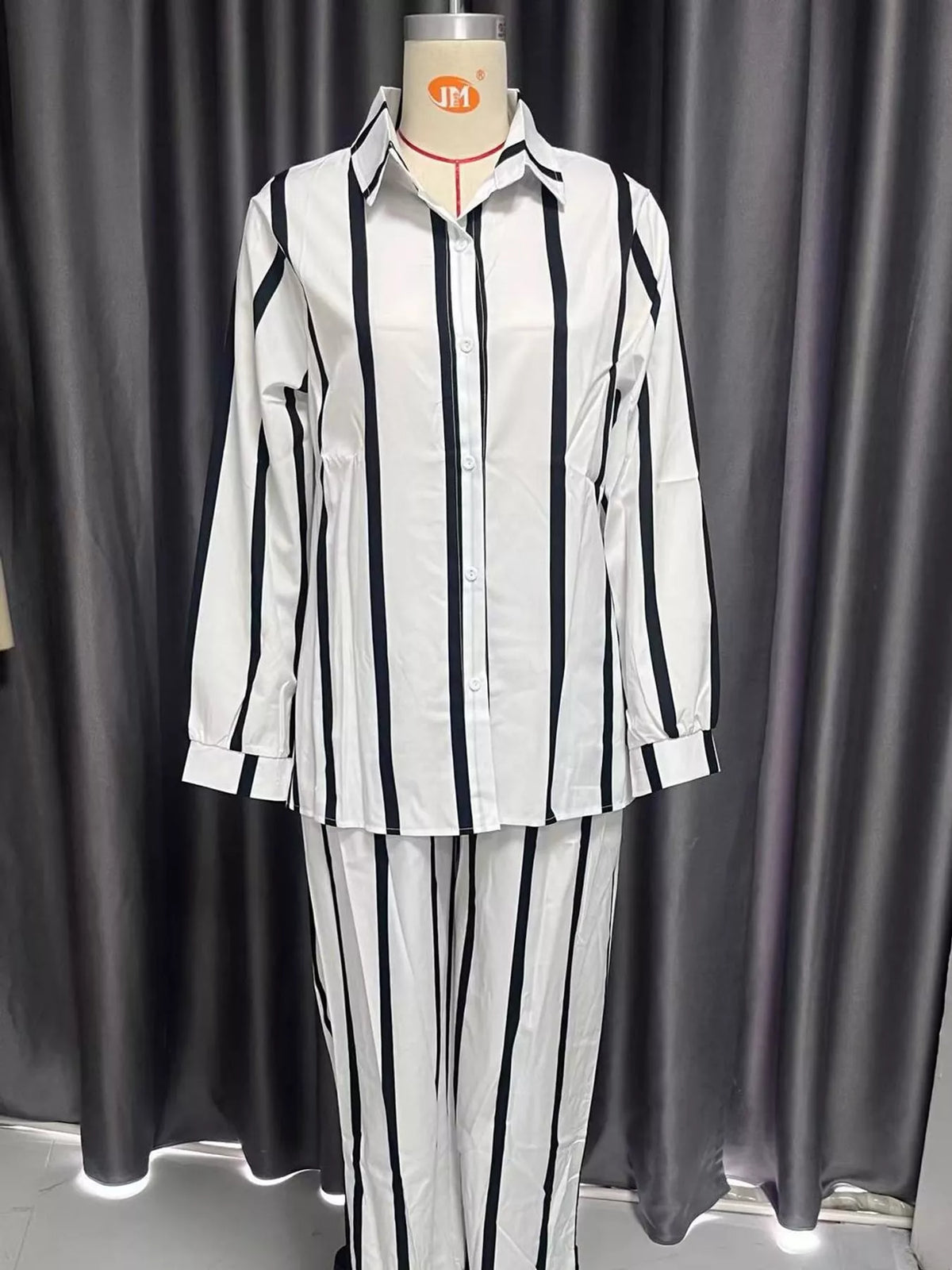 Striped Button-Down Shirt and Wide-Leg Pants Two-Piece Set