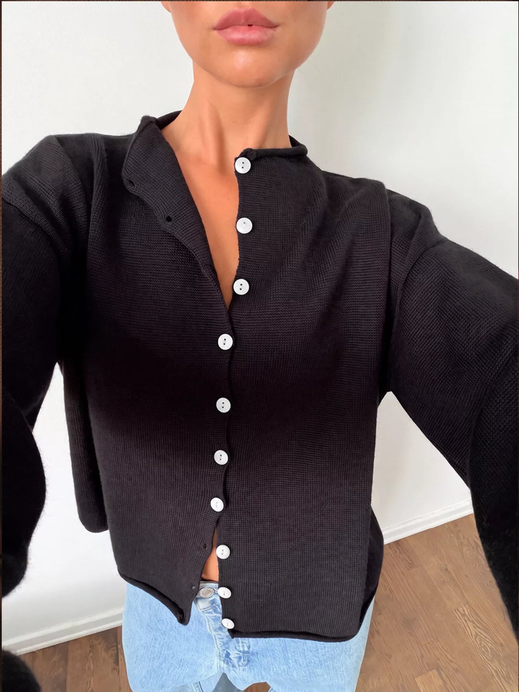 Mock Neck Button-Down Knit Cardigan