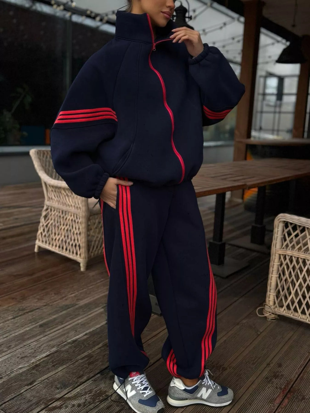 Contrast Striped Zip Up Top and Pants Set