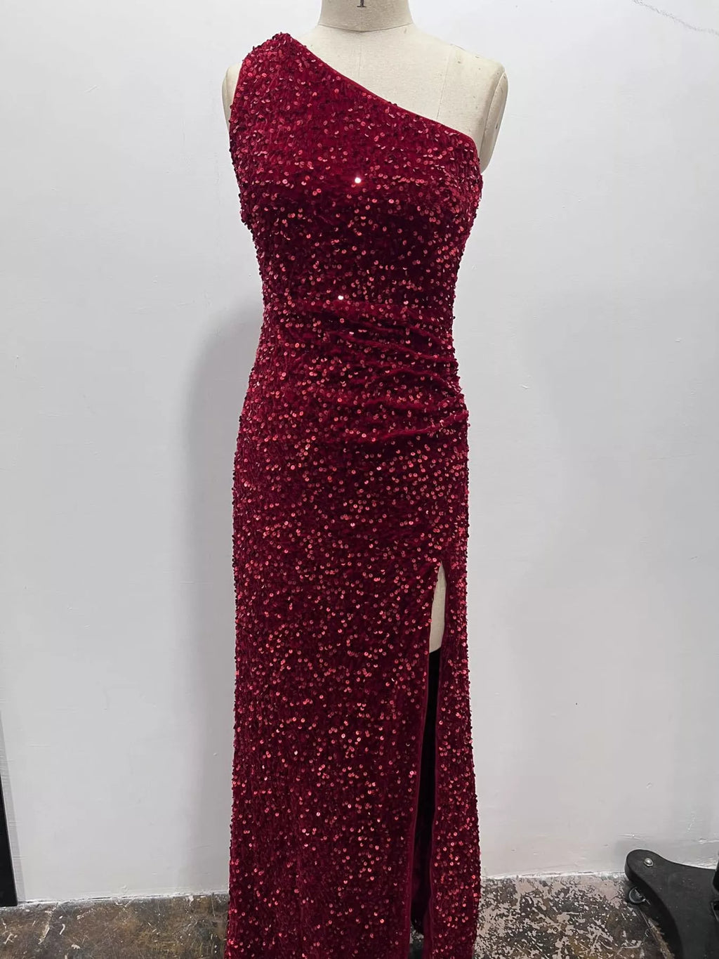 One-Shoulder Ruched Sequin High-Slit Evening Dress