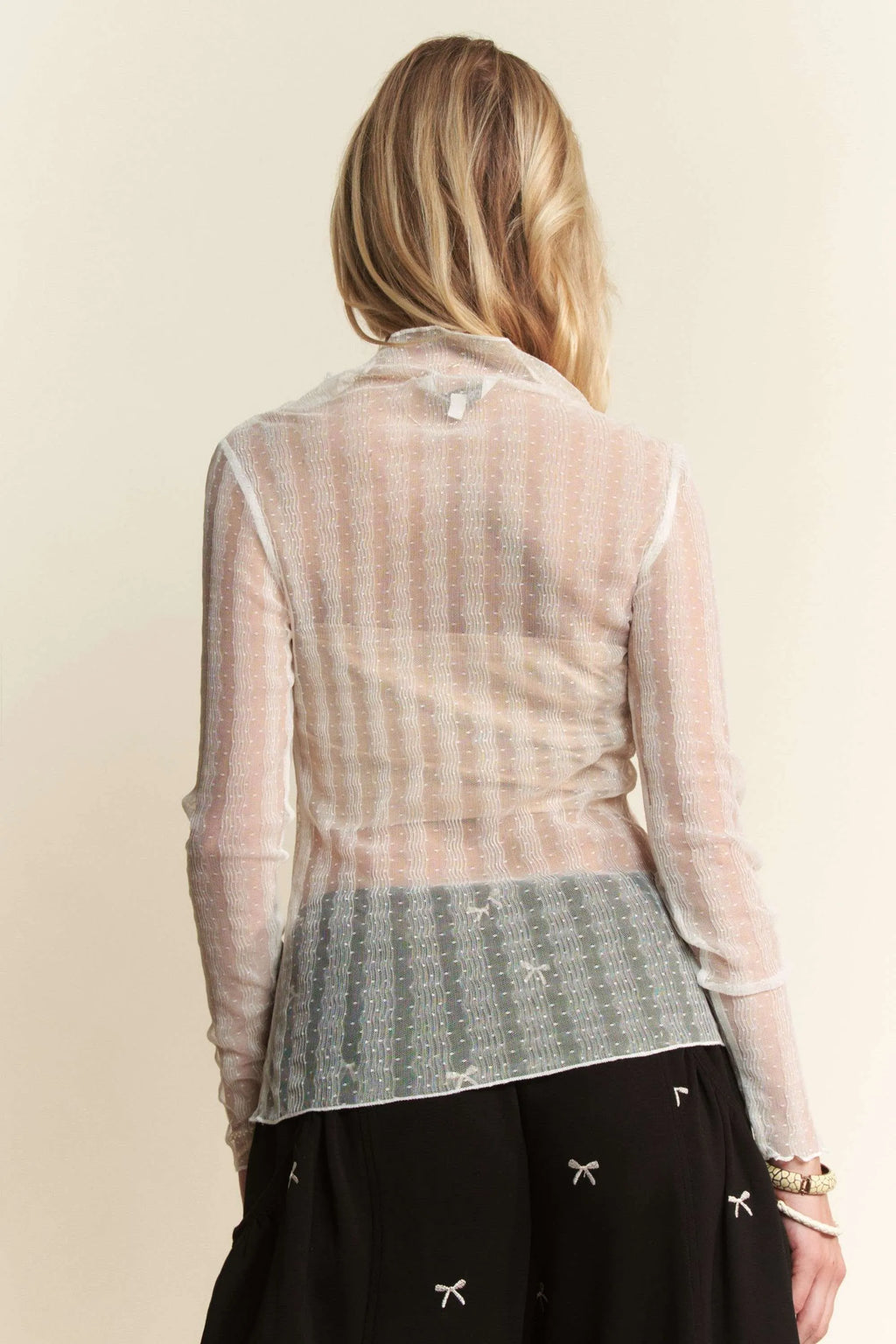Davi & Dani Turtle Neck Lace Dotted Stretch Mesh Sheer Top