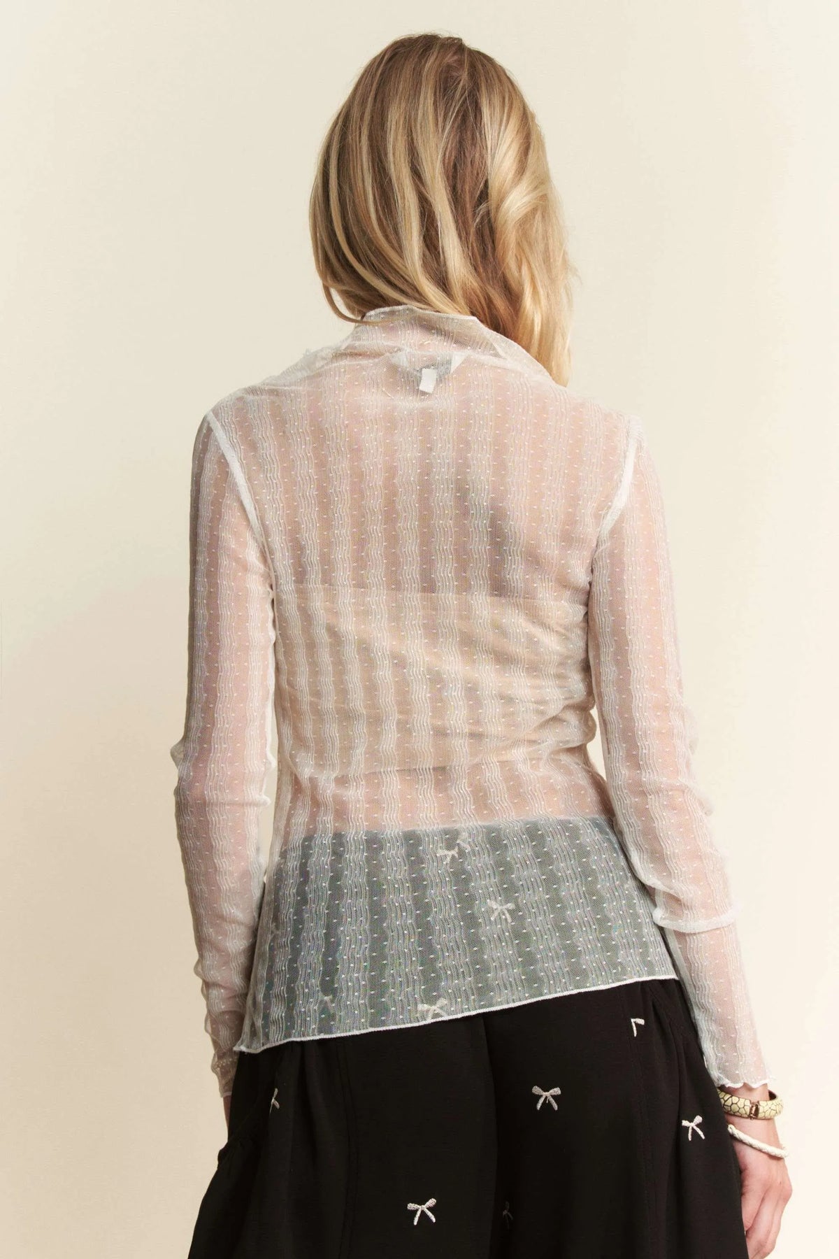 Davi & Dani Turtle Neck Lace Dotted Stretch Mesh Sheer Top