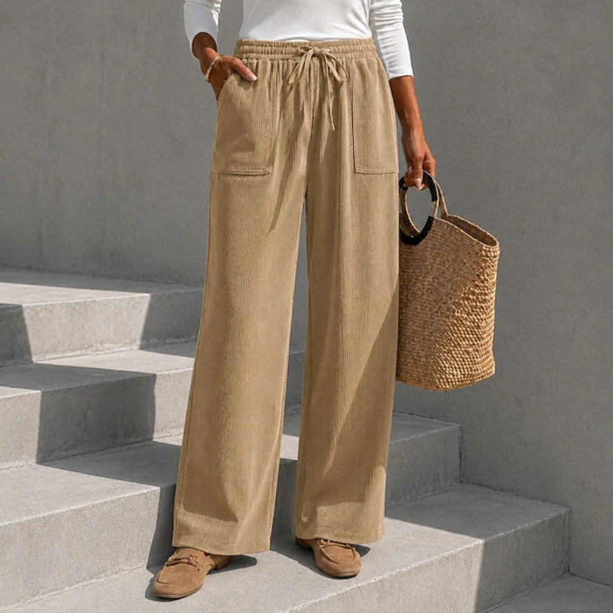 Autumn Winter European And American Cross-Border Women's Corduroy Wide Leg Pants With Elastic Waist And Drawstring, Loose Casual Long Pants