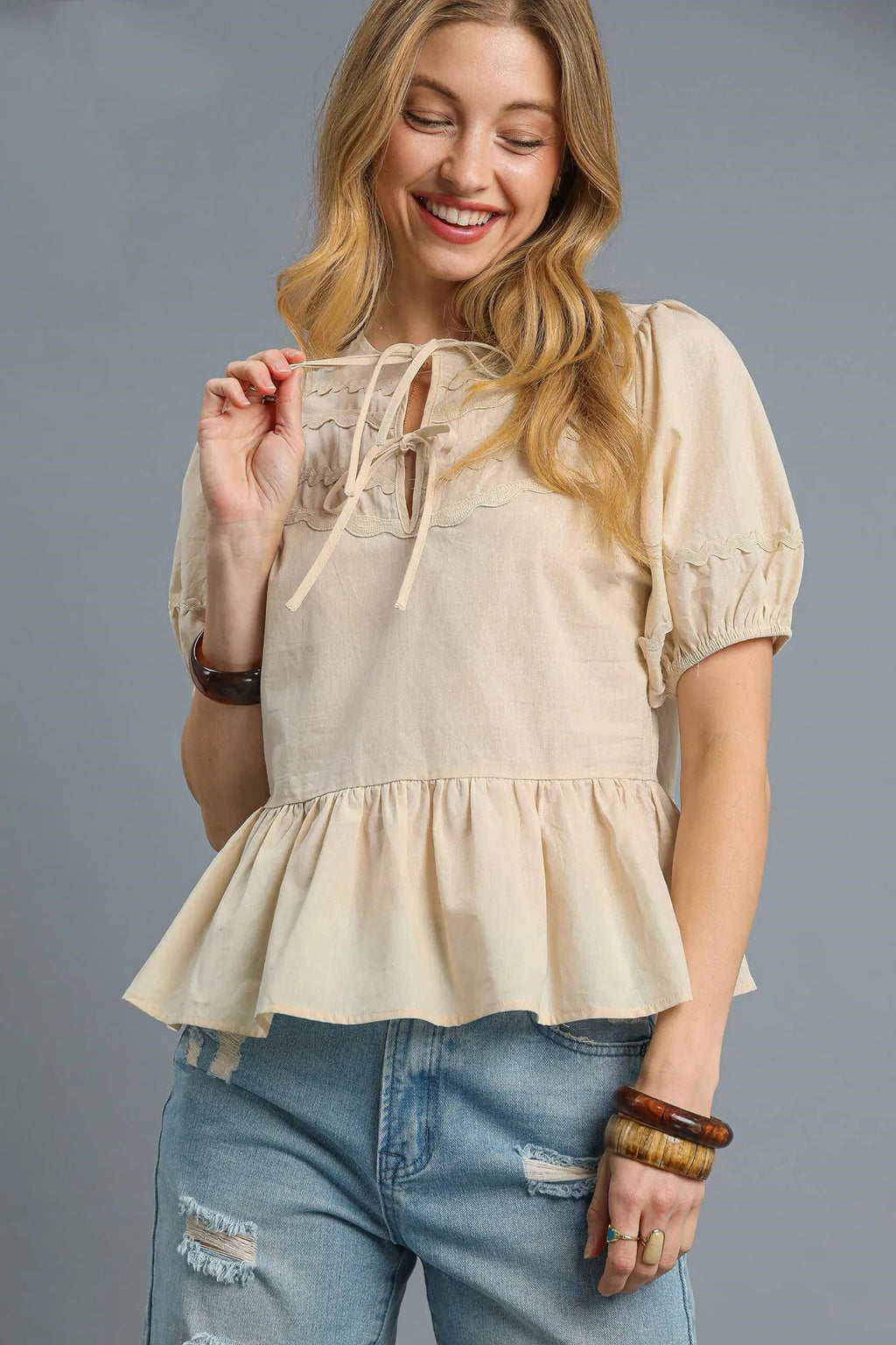 Umgee Tie Front Puff Sleeve Blouse