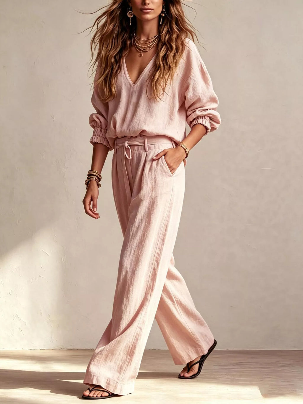 V-Neck Top and Wide-Leg Pants Set
