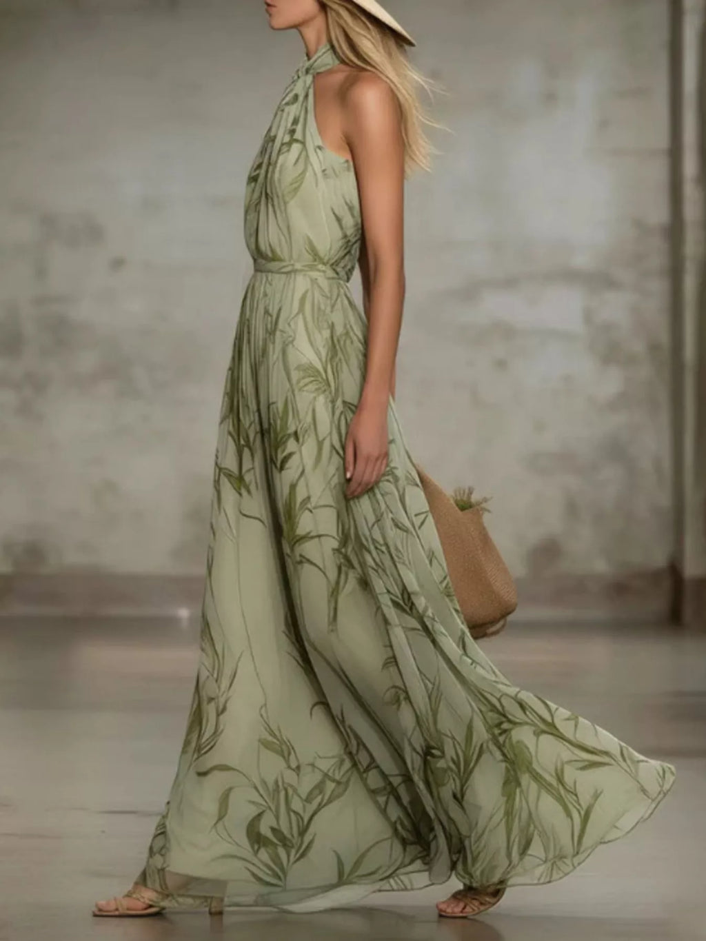 Leaf Print Sleeveless Chiffon Maxi Dress