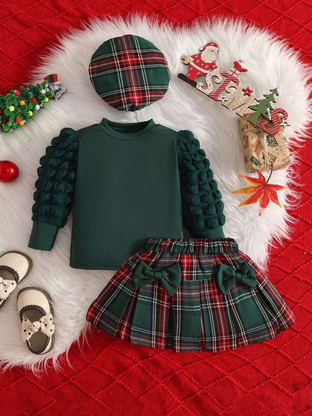 Children's Puff Sleeve Top and Plaid Skirt Set with Hat