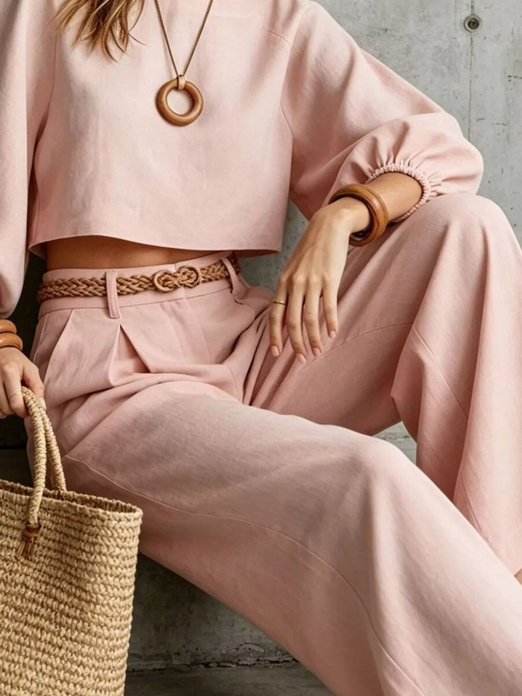 Balloon Sleeve Crop Top and Wide-Leg Pants Set