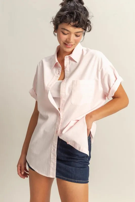 Oversized Short Sleeve Button-Down Shirt in a Cotton Blend