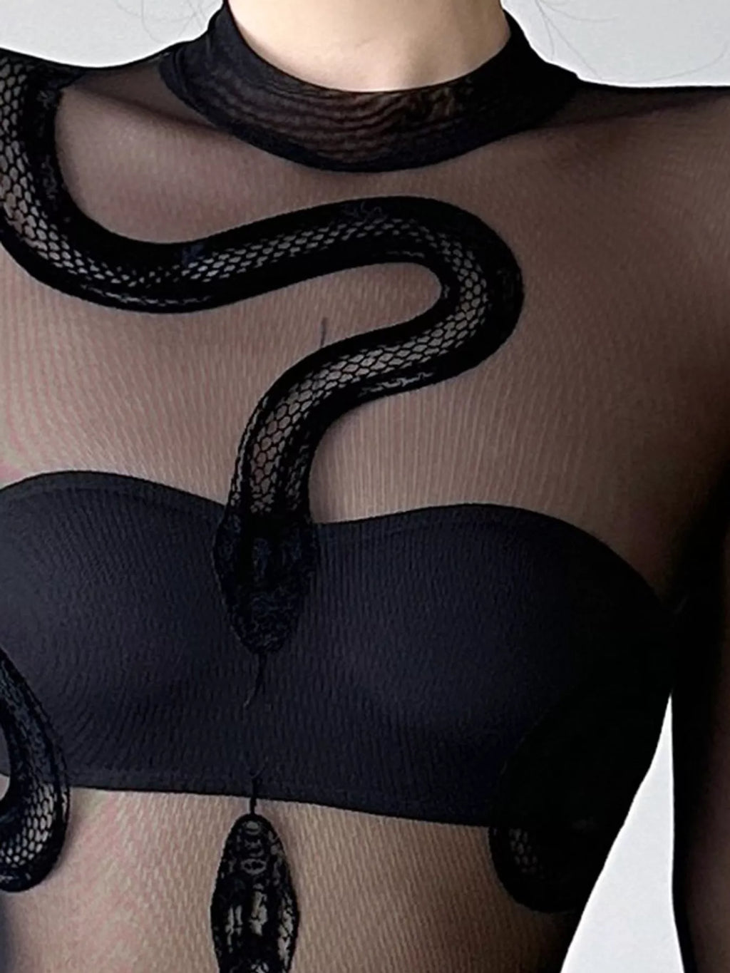 Sheer Mesh Snake Print Long Sleeve Bodysuit