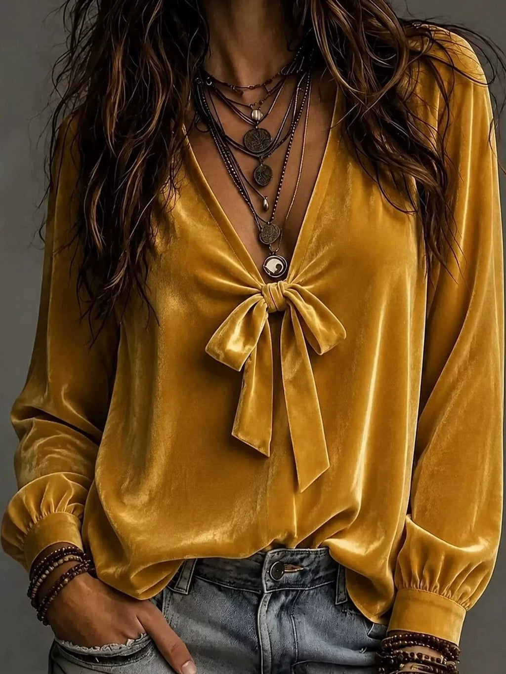 Front Bow Tie Detail V-Neck Top