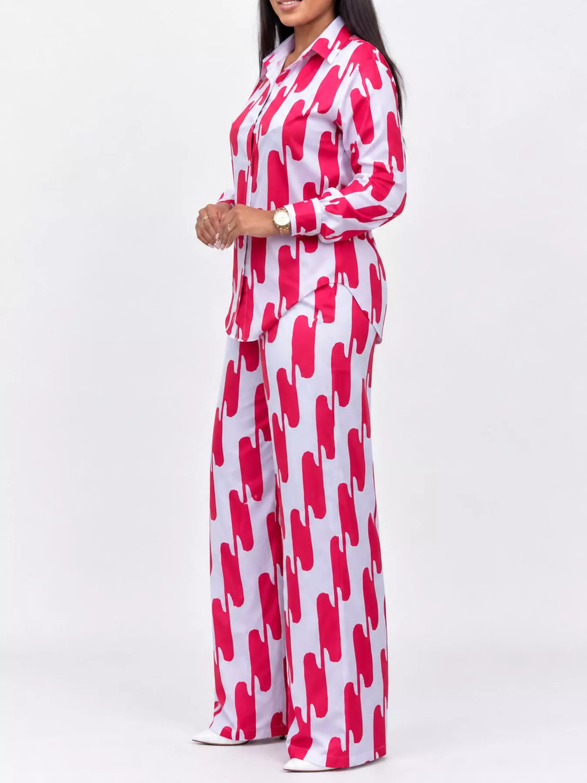 Striped Button-Down Shirt and Wide-Leg Pants Two-Piece Set