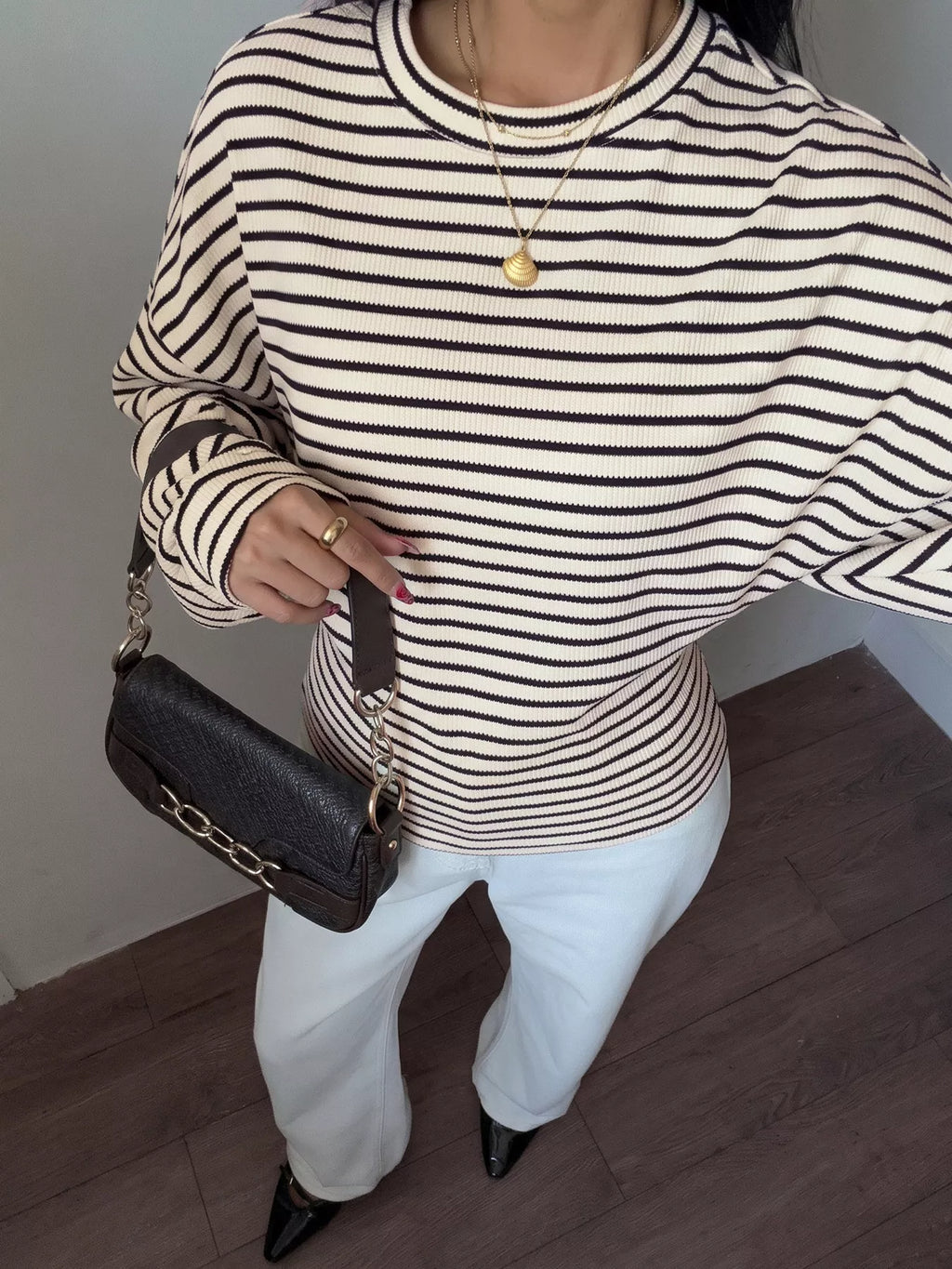 Striped Batwing Sleeve Crew Neck T-Shirt