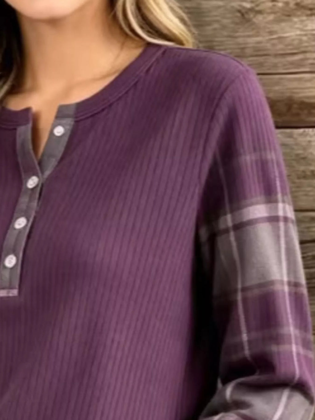Full Size Ribbed Knit Henley T-Shirt with Plaid Contrast Sleeves Plus Size