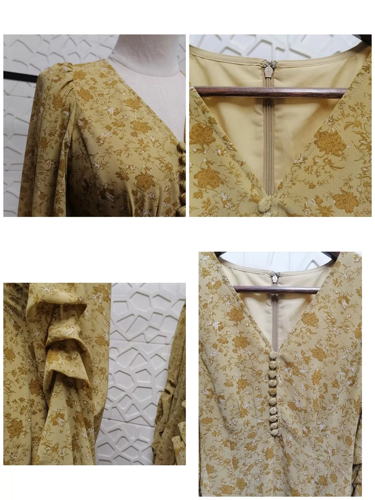 Vintage Floral Print V-Neck Long Sleeve Button-Down Midi Dress