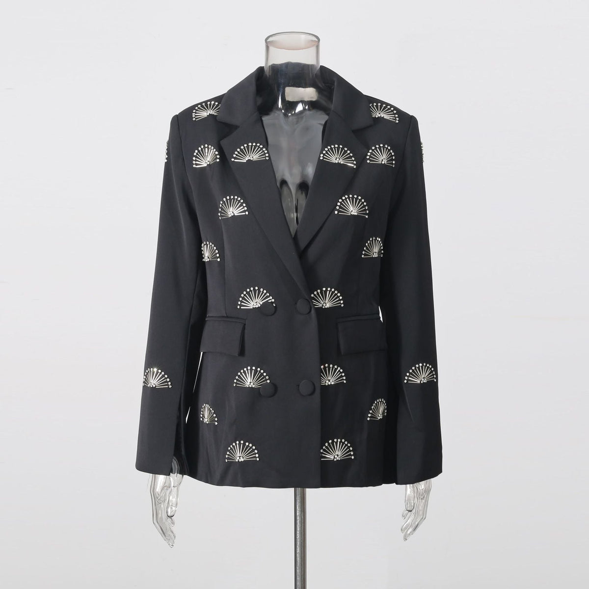 Rhinestone Fan Motif Double Breasted Notched Lapel Tailored Blazer Jacket