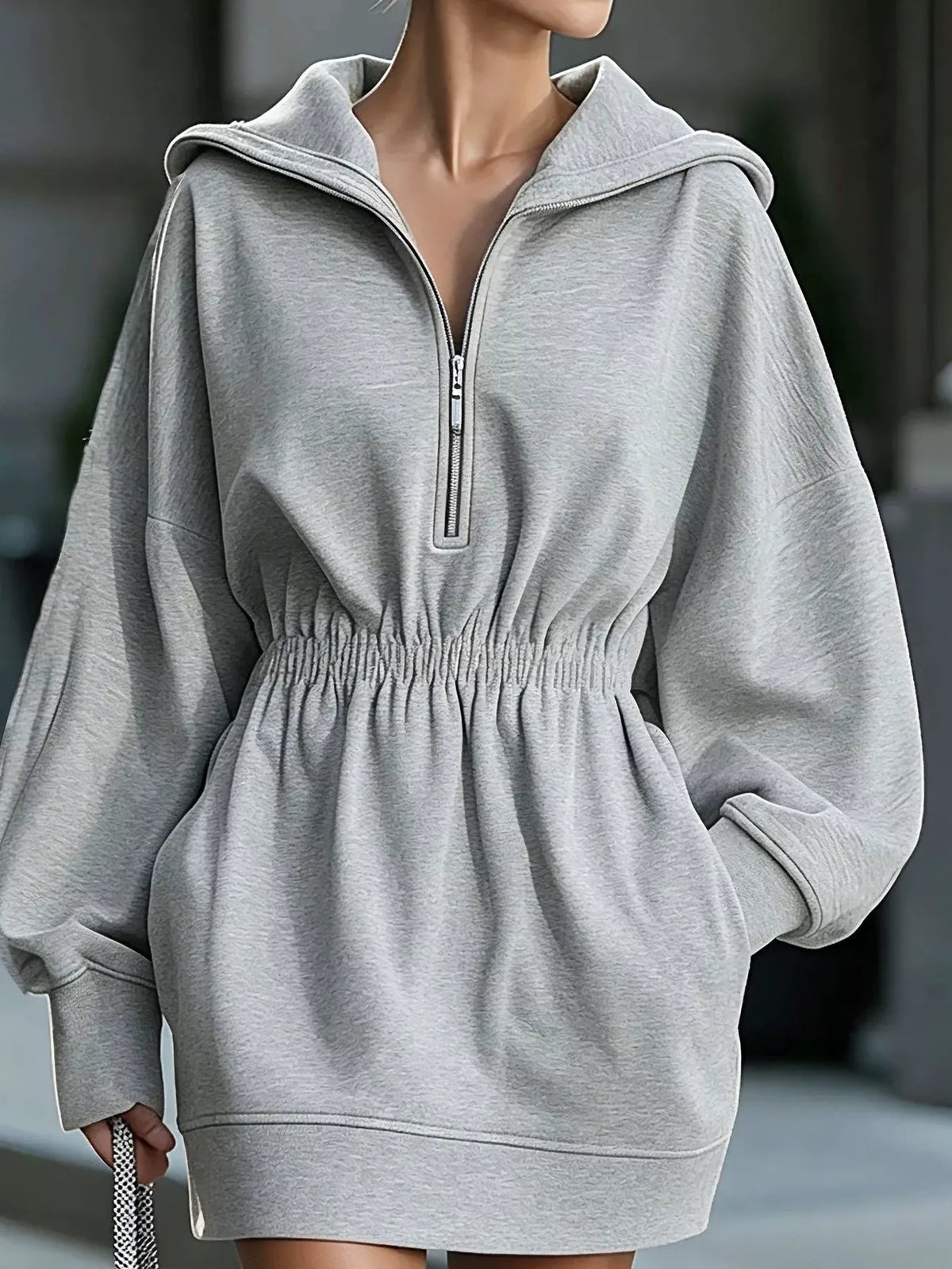 Casual Hooded Quarter-Zip Sweatshirt Dress