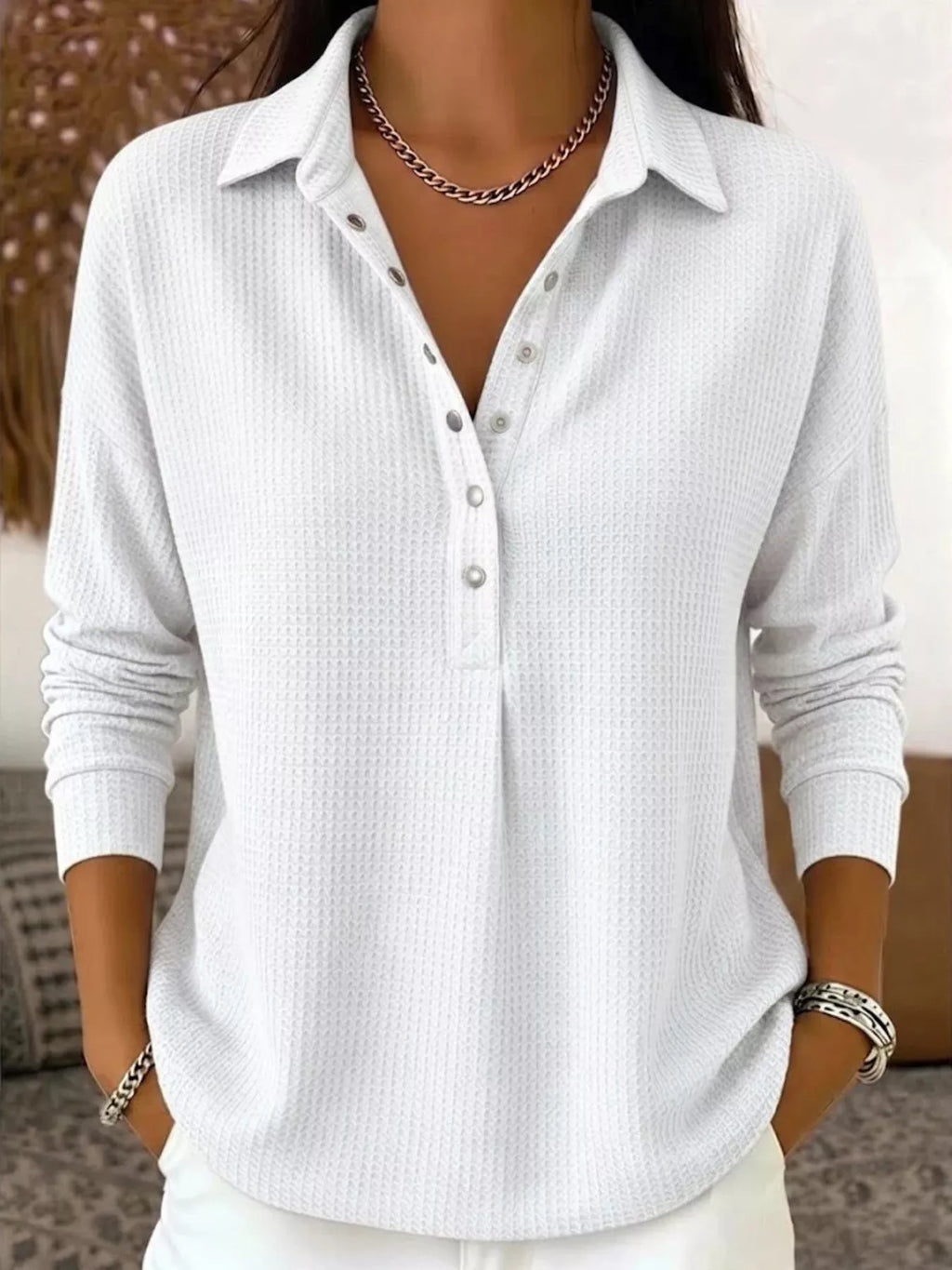 Waffle Knit Snap Down Blouse