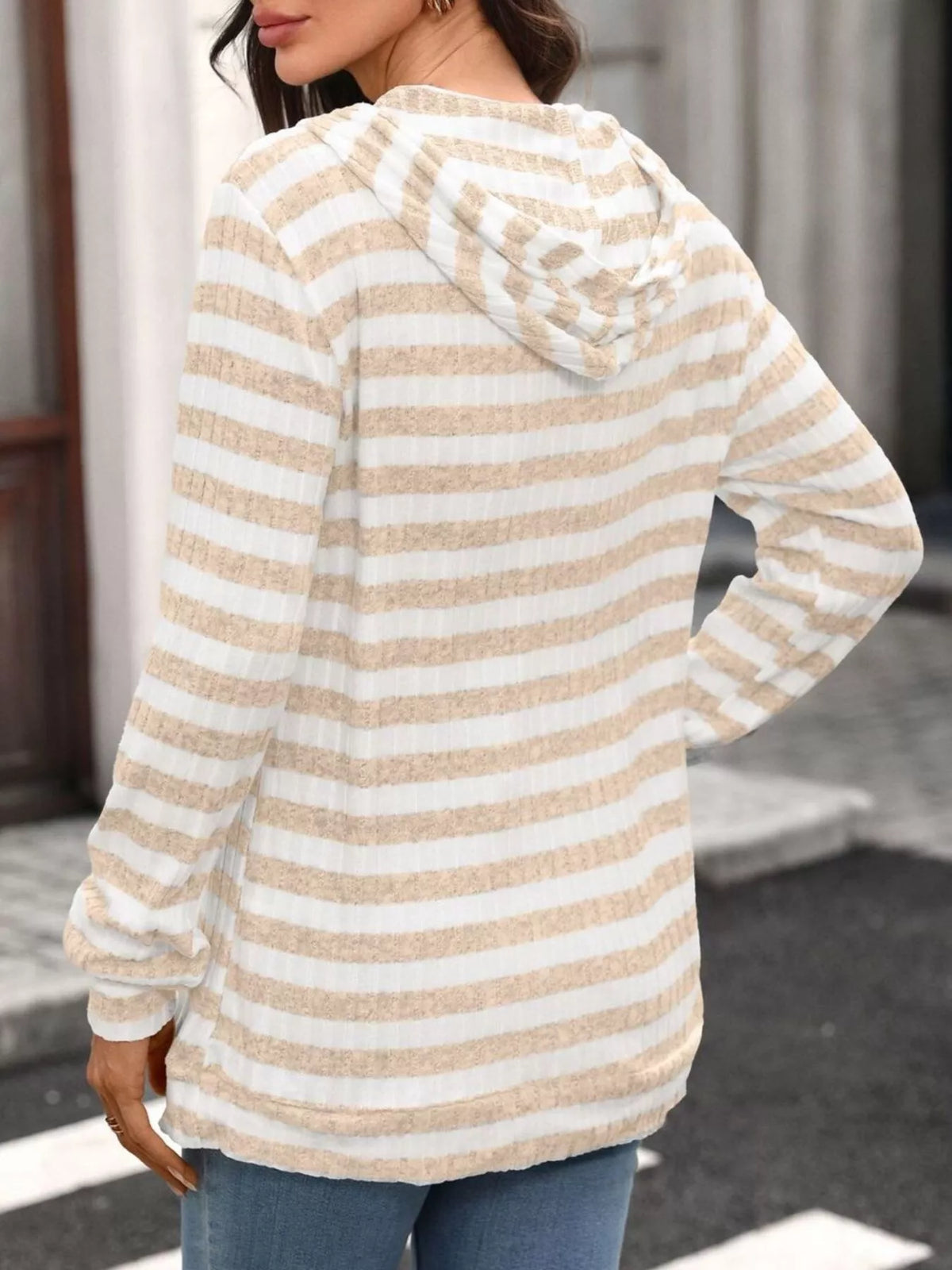 Casual Striped Ribbed Knit Hoodie with Kangaroo Pocket